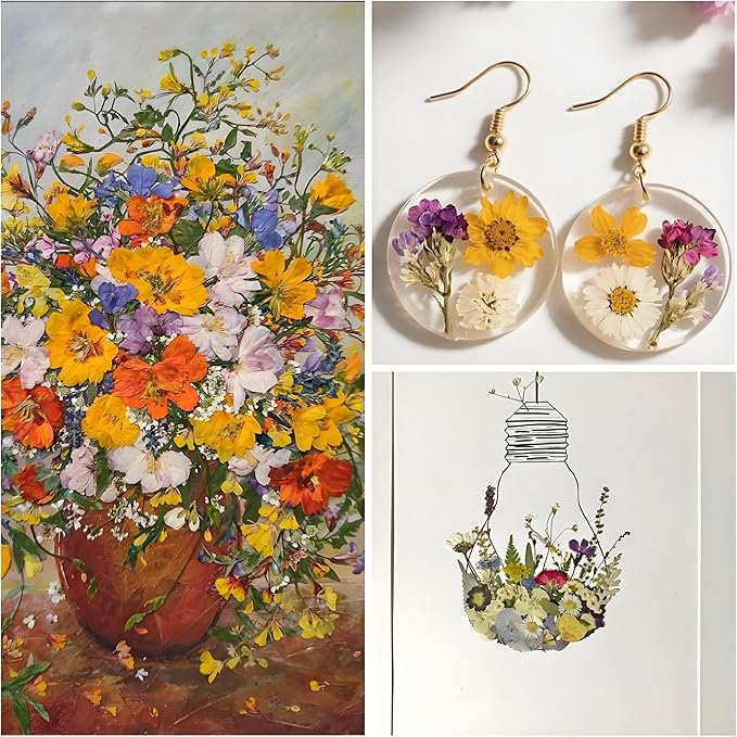 140Pcs Dried Pressed Flowers, Natural Dried Flowers Bulk with Dried Leaves for Resin, Mixed Color Dried Flowers for DIY Crafts, Epoxy Resin, Candle Making, Jewelry, Floral DIY Art, DIY Supplies Kits