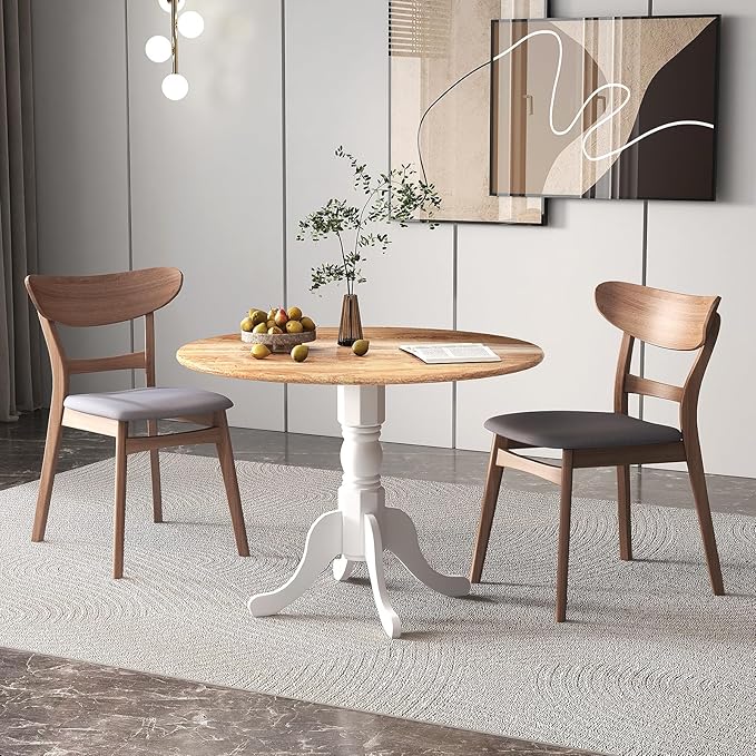 Giantex Round Dining Table, 39" D X 29" H, Rubber Wood Pedestal Table W/Round Tabletop & Curved Trestle Legs, 4-Person Dinner Table for Kitchen, Dining Room, Restaurant (Natural & White)