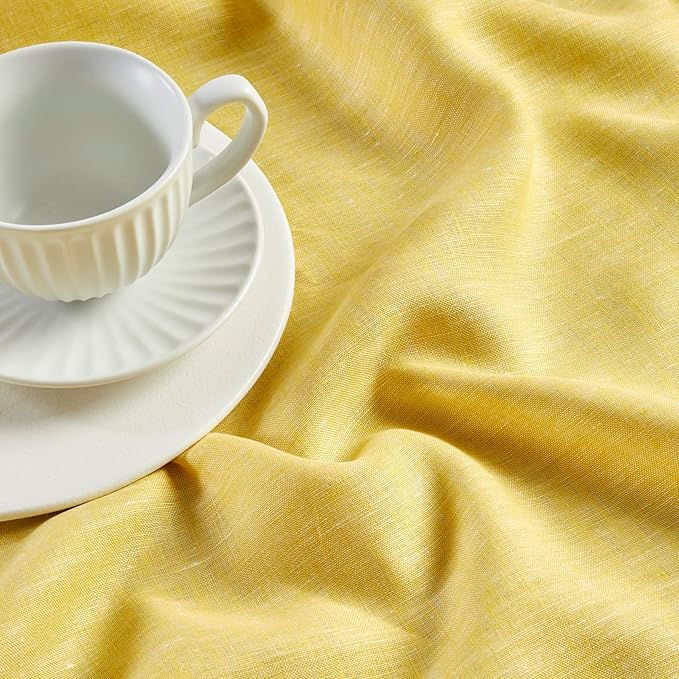 Solino Home Linen Short Table Runner 48 Inches - Athena, 100% Pure Linen Chambray Lemon Yellow Table Runner 14 x 48 Inch Ideal for Dresser and Coffee Tables