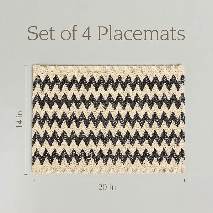 Over&Back Set of 4 Woven Fiber Placemats - Dining Table Mat - Made with Natural Paper Fibers - Kitchen and Home Decor - Chevron - Black