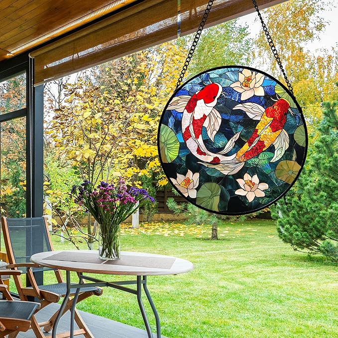 Stained Glass Window Hanging, Koi and Lotus Sun Catcher for Door Home Decor Fish Suncatcher Christmas Mother's Day Birthday Gifts for Women Men Mom and Nana 6.3 in