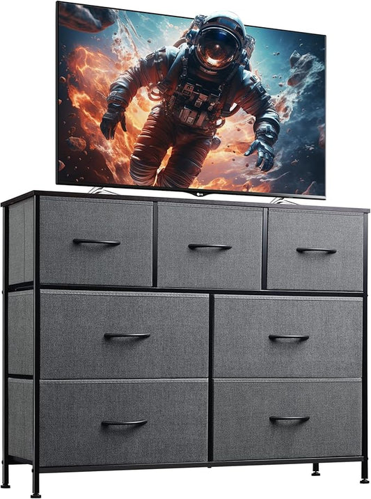 WLIVE 7 Drawer Dresser TV Stand, Entertainment Center, Media Console Table with Metal Frame and Wood Top for TV up to 45 inch, Chest of Drawers for Bedroom, Living Room, Dark Grey