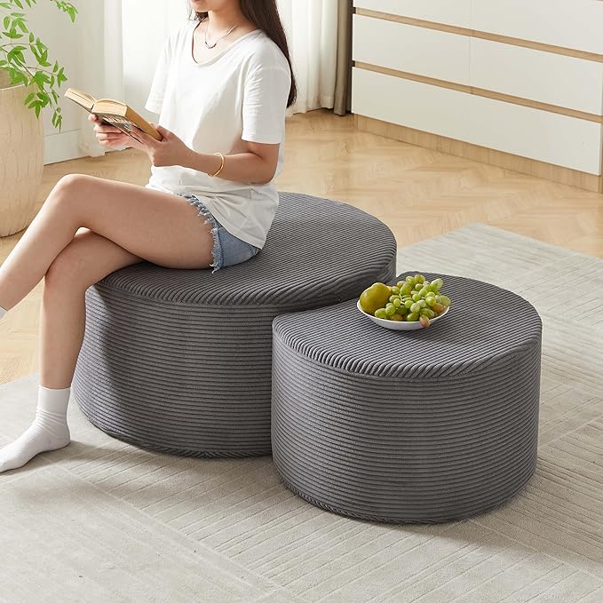 WILLIAMSPACE 50" Foam Nesting Coffee Table Set of 2, Modern Upholstered Round Center Tables for Living Room, Accent Side Tea Table Ottoman, No Assembly - Grey