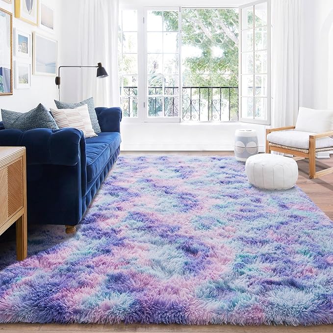Rugs for Living Room 8x10, Soft Shaggy Modern Shag Area Rug for Bedroom, Upgrade Non-Slip Plush Fluffy Carpet for Kids Boys Girls Room Home Decor Aesthetic, Rainbow Purple