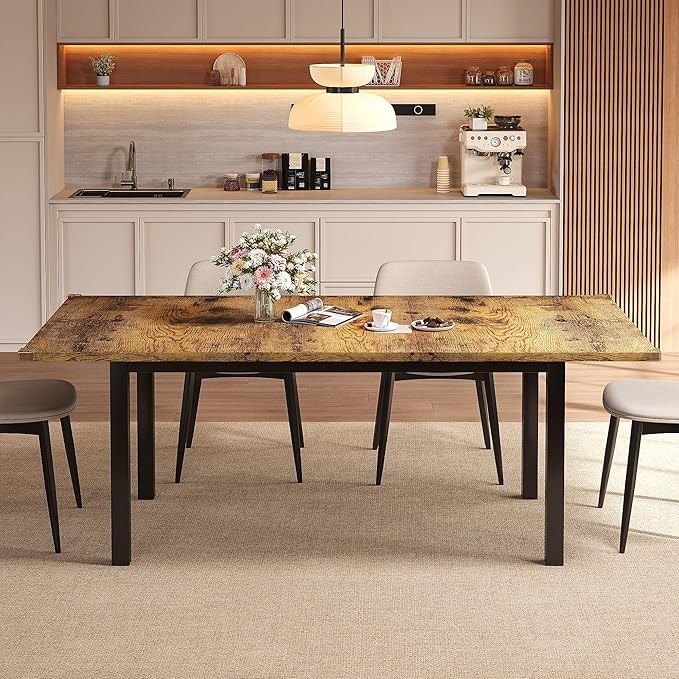 Extendable Dining Table for 4-6, 63" Modern Kitchen Table, Farmhouse Dining Room Tables for Dining, Kitchen, Office, Living Room, Rectangular Wooden Tables, Space Saving (Rustic Brown)