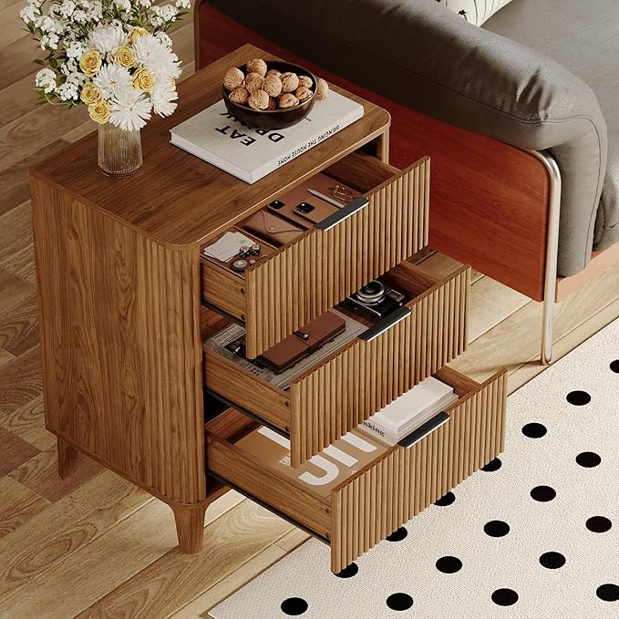 3 Drawer Fluted Dresser for Bedroom, Modern Closet Dressers Chest of Drawers, 23.6" Rustic Wood Nightstand 3-Drawer Dresser Bedside Table, Curved End Table with 3 Large Drawers for Living Room Walnut