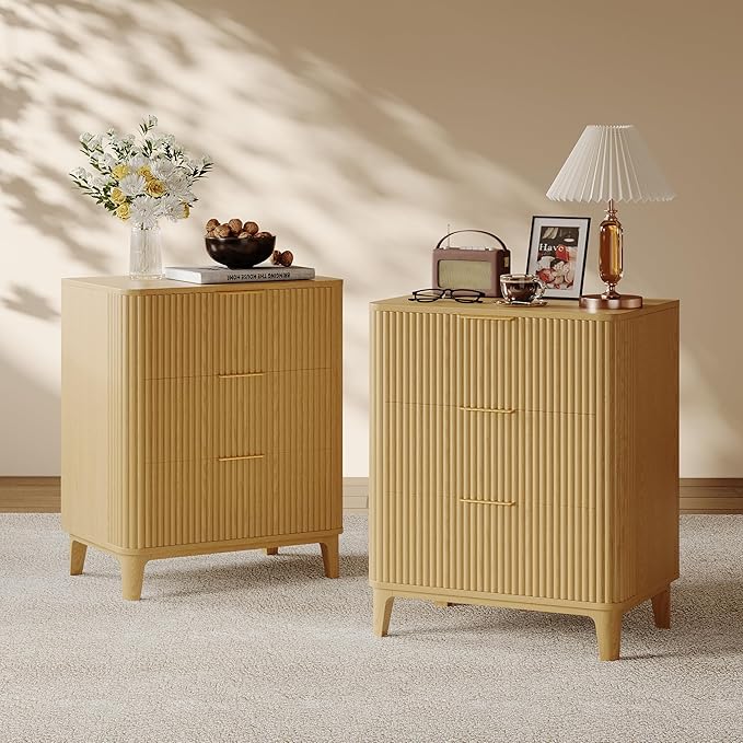 3 Drawer Fluted Dresser for Bedroom Set of 2, Modern Curved Closet Dressers Chest of Drawers, 23.6" Rustic Wood Nightstand 3-Drawer Dresser Bedside Table, End Table with 3 Large Drawers Natural