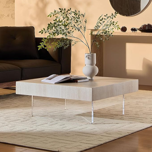 WILLIAMSPACE 34.65" Square Coffee Table with Faux Travertine Pattern & Acrylic Legs, Modern MDF Drum Center Table End Table Accent Side Table for Living Room, Easy Assembly