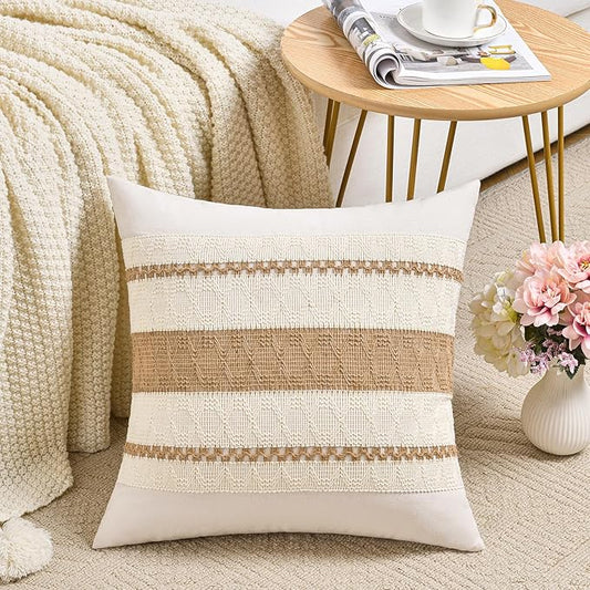 Fancy Homi Set of 2 Boho Neutral Decorative Throw Pillow Cover 22x22 Inch for Couch Bed Sofa, Aesthetic Modern Organic Farmhouse Home Decor, Soft Cotton Cute Accent Macrame Woven Tan Cushion Case