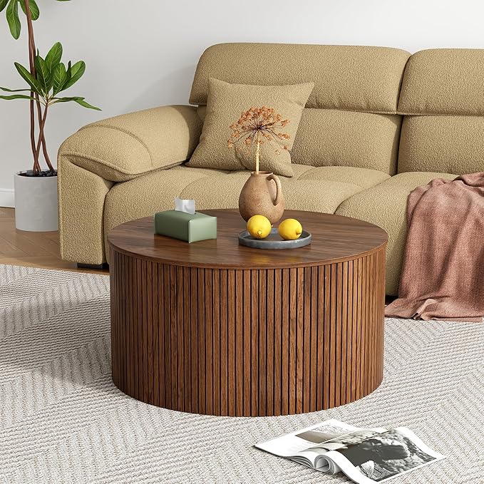 Mid Century Round Fluted Lift Top Coffee Table, Modern Center Table with Storage and Compartment, 2 Tier Small Circle Dining Table, for Living Room, Home Small Space, Walnut Oak