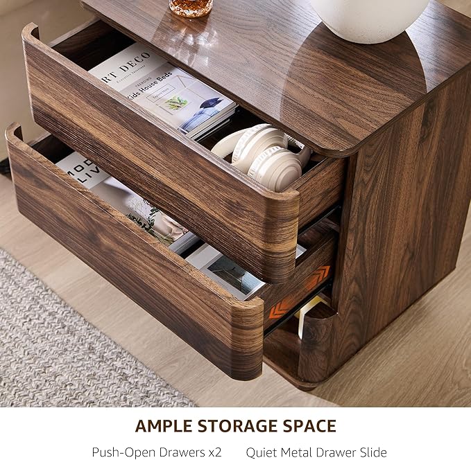 ACCOHOHO Nightstand Set of 2 with Charging Station, 22" Large Modern Bedside Table with 2 Drawers Storage,Push-to-Open End Table for Bedroom,Living Room,Brown
