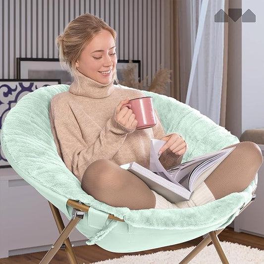 Milliard Saucer Chair for Adults, Teens & Kids, Mint, Faux Fur XL Circle Chair for Bedroom, Dorm & Gaming, Foldable Comfy Accent Seat for Small Spaces, Folding Moon/Mushroom/Round Oversized Style