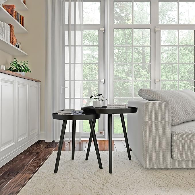 Nesting Side Tables - Set of 2 Round End Tables for Living Room, Bedroom, or Home Office - Accent Table Set with Tray Tops - Mid-Century Modern Living Room Furniture by Lavish Home (Black)