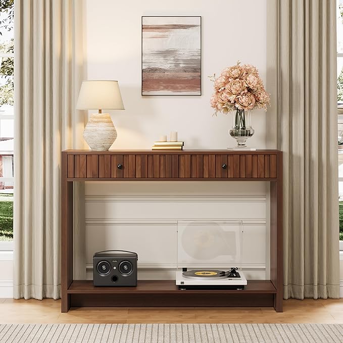 AVZEAR Entryway Console Table with Fluted Drawers, Mid Century Entryway Table with Storage, 43" Long Couch Table Behind Sofa Narrow Sofa Table Console Tables for Living Room Hallway Entrance, Walnut