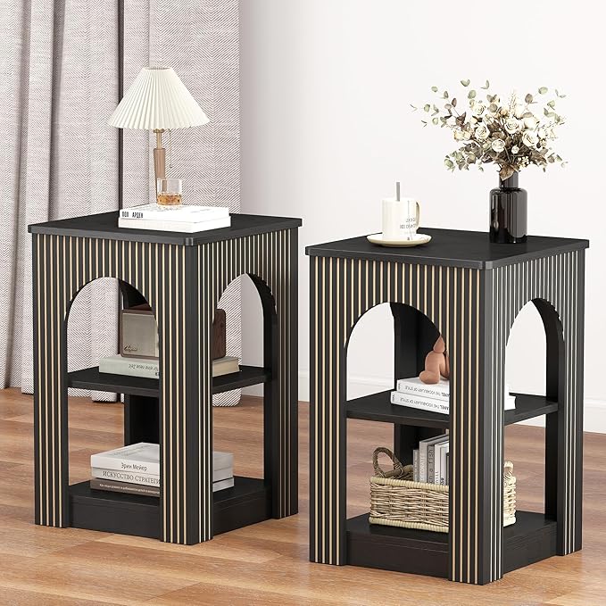End Table Set of 2, Mid-Century Modern Side Table with 3-Tier Storage Shelves and Arched Carving Lines, Square Fluted Nightstand for Living Room, Bedroom, or Office (2, Black)
