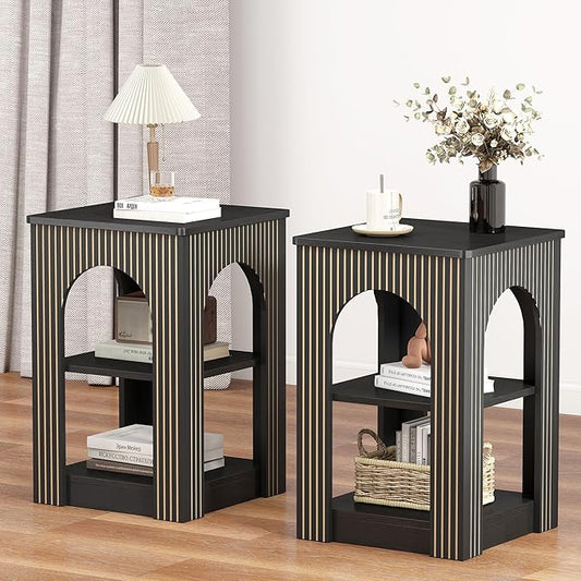 End Table Set of 2, Mid-Century Modern Side Table with 3-Tier Storage Shelves and Arched Carving Lines, Square Fluted Nightstand for Living Room, Bedroom, or Office (2, Black)
