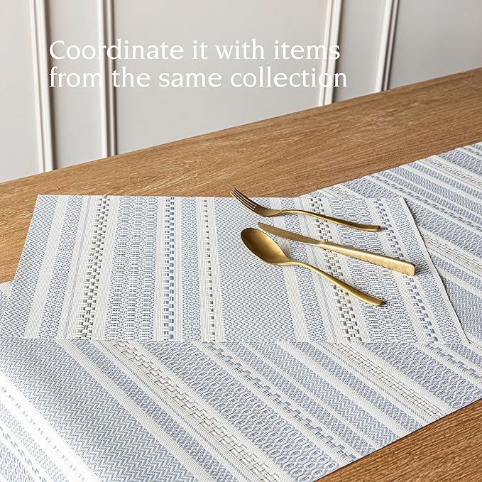Over&Back Set of 4 Reversible Woven Placemats - Colorful Dining Room Table Mat - UVA/UVB-Proof Polypropylene - Indoor and Outdoor Kitchen and Home Decor - Striped - Blue - Rectangle
