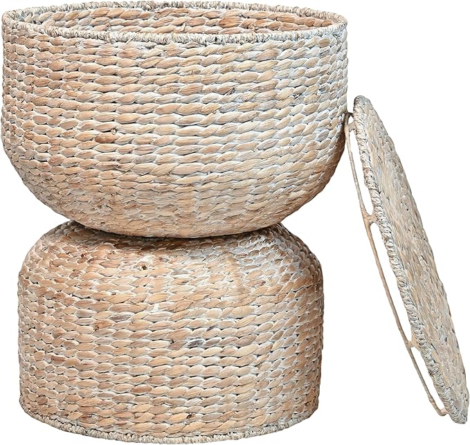 happimess SAT1000C Bhola 18" Hourglass Handwoven Hyacinth Storage Accent Table with Lid for Storage and Decoration in Bedroom, Living Room, Kitchen, Dining Room, Entryway, Guestroom, White Wash