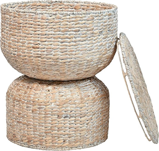 happimess SAT1000C Bhola 18" Hourglass Handwoven Hyacinth Storage Accent Table with Lid for Storage and Decoration in Bedroom, Living Room, Kitchen, Dining Room, Entryway, Guestroom, White Wash