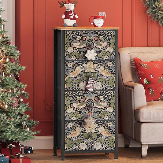 Dresser for Bedroom with 4 Drawer Strawberry Thief Dresser Vintage Storage Tower Unit Nightstand for Living Room Hallway Kids Room Closet Sturdy Steel Frame Wooden Top, Brown