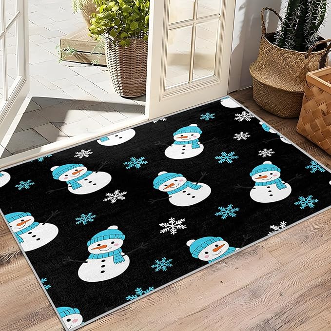 Snowman Rug Blue - 4x6 Rug, Snowflake Living Room Rugs, Snowman Bedroom Rugs, Kids Cartoon Xmas Carpet, Christmas Home Decor & Gifts
