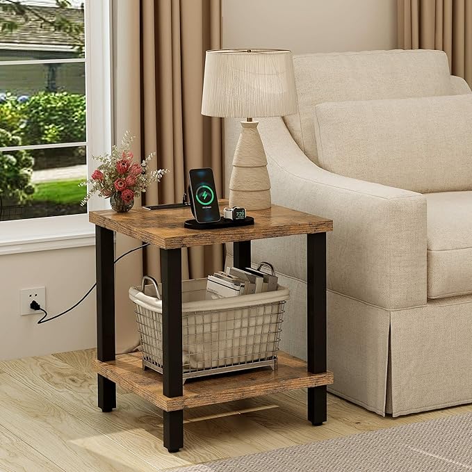 Large End Table Square Side Table with Charging Station Modern Sofa Table 20 Inch Industrial Coffee Table NightStand with 2-Tier Storage Shelf for Living Room Bedroom Rustic Brown MLBZ06RE