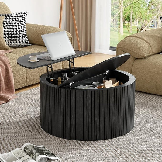 Round Fluted Lift Top Coffee Table, Mid Century Modern Center Table with Storage and Compartment, 2 Tier Small Circle Dining Table, for Living Room, Home Small Space, Black