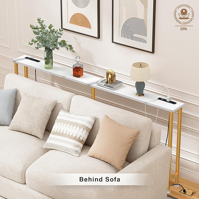 78Inch Console Table with Outlet, Sofa Table with Charger,Skinny Hallway Table, Narrow Entryway Table,Table Behind Sofa,for Living Room,Gold & White