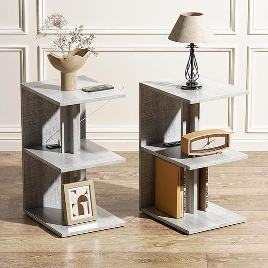 2 Packs Night Stand with Charging Station, Small Side Table for Couch, USB Ports and Outlet, End Table with 3-Layer Storage Shelves for Small Spaces, Living Room, Bedroom, Bedside (Gray)