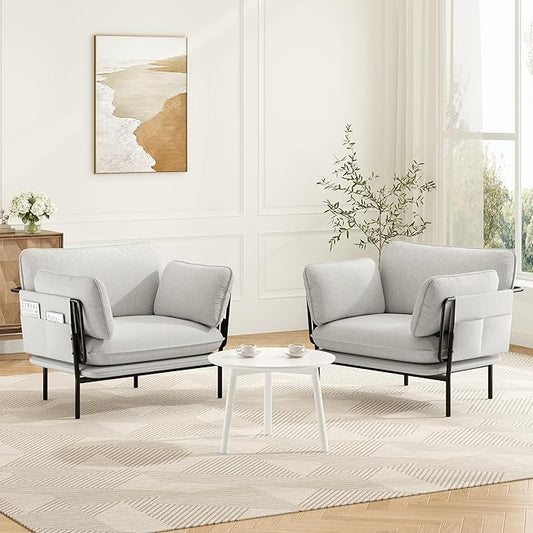 Modern Accent Chairs Set of 2, Oversized Living Room Chairs, Reading Chair with Solid Metal Legs, Fabric Armchair with Side Pockets and 2 Pillows, Accent Chairs for Bedroom, Nursery, White
