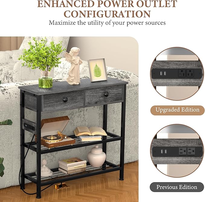 GRLEAF 32" Console Table with Outlets & USB Ports – Narrow Entryway Table with 2 Drawers and Storage Shelves, Power Strip Sofa Table for Living Room, Hallway, Kitchen, Foyer – Grey Wood Finish