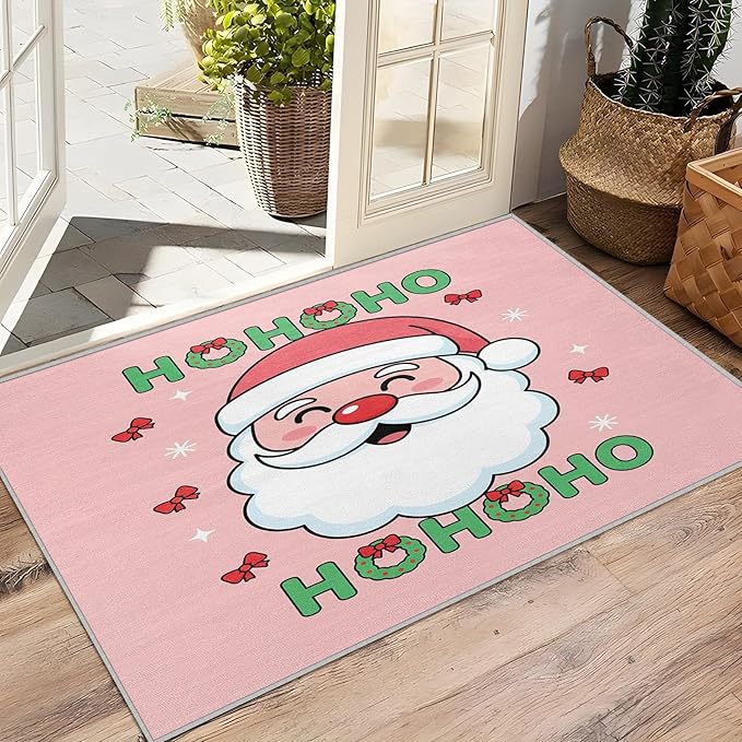 Santa Claus Rug - 2x3 Rug, Hohoho Door Mat Indoor Entrance, Santa Claus Entryway Throw Rugs, Pink Christmas Carpet, Cartoon Xmas Kids Girls Boys Home Decor & Gifts