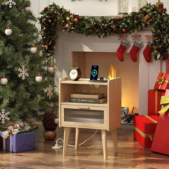 Nightstand with Charging Station, Natural Wood Bedside Tables, Modern End Table, Side Table with 2 Tiers Storage Space for Bedroom Living Room MLBZ07YE-2