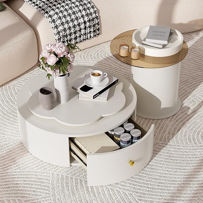 27.5" Modern Round Swivel Coffee Table Set of 2, 360° Rotating Flower-Shaped Center Table with 2 Drawers & Side Tables,MDF Frame Glass Top End Tables for Living Room,Milky White
