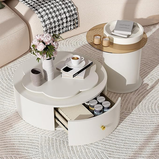 27.5" Modern Round Swivel Coffee Table Set of 2, 360° Rotating Flower-Shaped Center Table with 2 Drawers & Side Tables,MDF Frame Glass Top End Tables for Living Room,Milky White