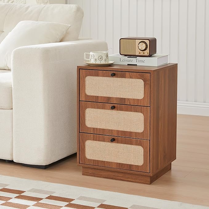 16" Nightstand with 3 Drawer, Mid-Century Wood Night Stand Storage with Linen Decor, Farmhouse Small Side Table for Sofa Couch, End Table for Bedside Bedroom, Living Room (Walnut)