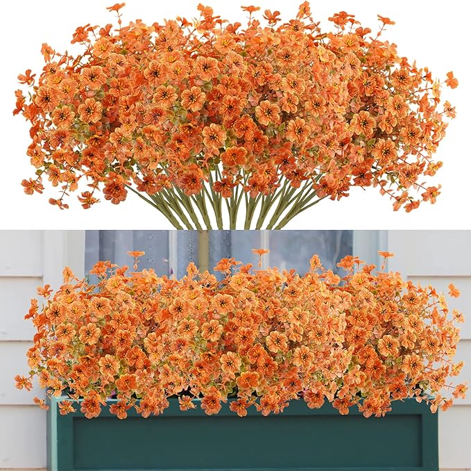 Agusbagli 10Pcs Artificial Fall Flowers Outdoor Autumn Fake Flowers UV Resistant Faux Plastic Greenery Shrub Plant for Wedding Home Garden Window Box Fireplace Thanksgiving Christmas Decor Orange