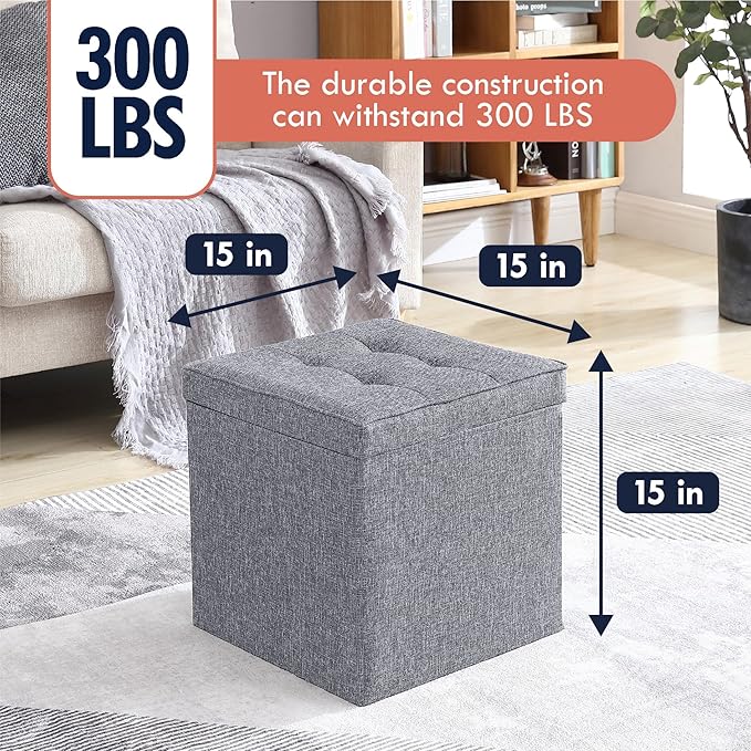 Ornavo Home Square Storage Ottoman Linen Foldable Tufted Cube Storage Ottoman Foot Rest Stool/Seat with Table Top Lid, Coffee Table Ottoman - 15" x 15" x 15" (Gray)