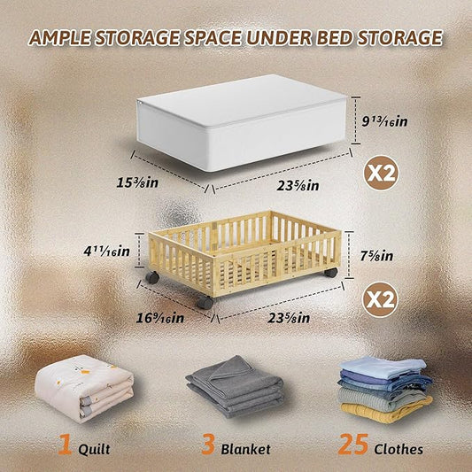 Bamboo Under Bed Storage Containers with Wheels, 2 Pack Under the Bed Shoe Storage Bins, Wood Rolling Underbed Drawers with Bag Organizer for Bedroom, Sheets Clothes Blanket Comforter, Under Crib Toy
