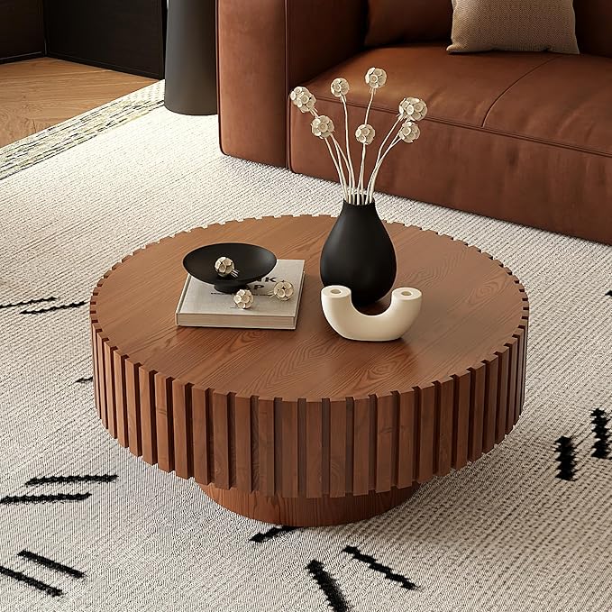 31.5" Round Drum Coffee Table, Modern Handcraft Fluted Drum Center Table, Wooden Round Coffee Table Center Table with Sturdy Pedestal for Living Room Apartment (Natural Wood)