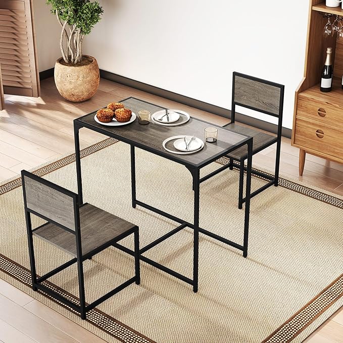 COSTWAY Small Dining Table for 2, Industrial Table and Chairs Set w/Metal Frame, Wood Grain Surface, 3-Piece Dinette Set, Space-Saving Kitchen Table Set for Small Place, Apartment, Home (Gray Oak)