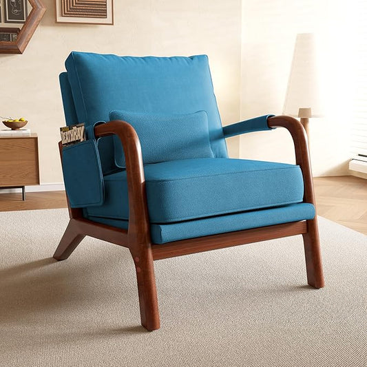 Mid Century Modern Chair, Upholstered Lounge Arm Chair with Solid Wood Frame, Comfy Accent Chair for Living Room, Bedroom, Reading, Reception, Haze Blue