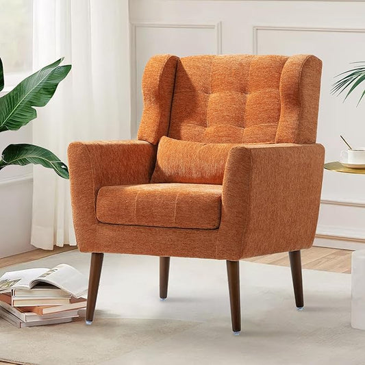Modern Accent Chair, Upholstered Arm Chair with Waist Pillow, Single Sofa Chair for Living Room Bedroom Small Spaces (Orange)