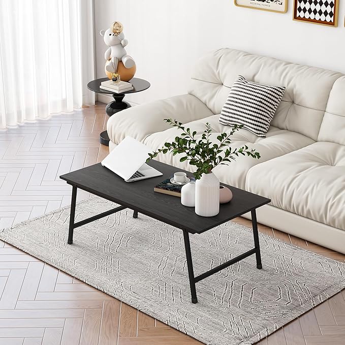 Black Coffee Table Foldable,Center Tables Modern Style, Industrial Wood Tabletop and Metal Frame, Accent Furniture for Home Office, Living Room,End Table,Tea Table, No Assembly
