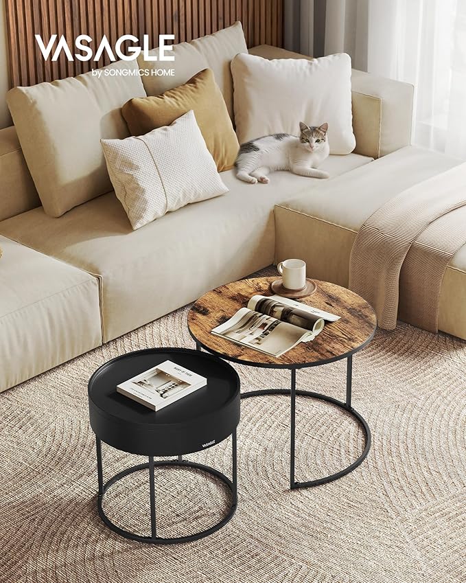 VASAGLE Round Coffee Tables, Set of 2 Nesting Tables, Modern Round Side Tables with Hidden Storage and Top Tray, for Living Room, Bedroom, Office, Rustic Brown and Ink Black ULCT044K01