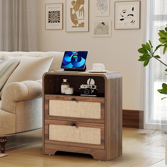 20" Wood Nightstand wiht 2 Drawer & Charging Station, Mid-Century Farmhouse Bedside End Table with Linen Decor, 2AC+USB+Type-C Port, Side Table with Storage for Livng Room (Walnut-charging)