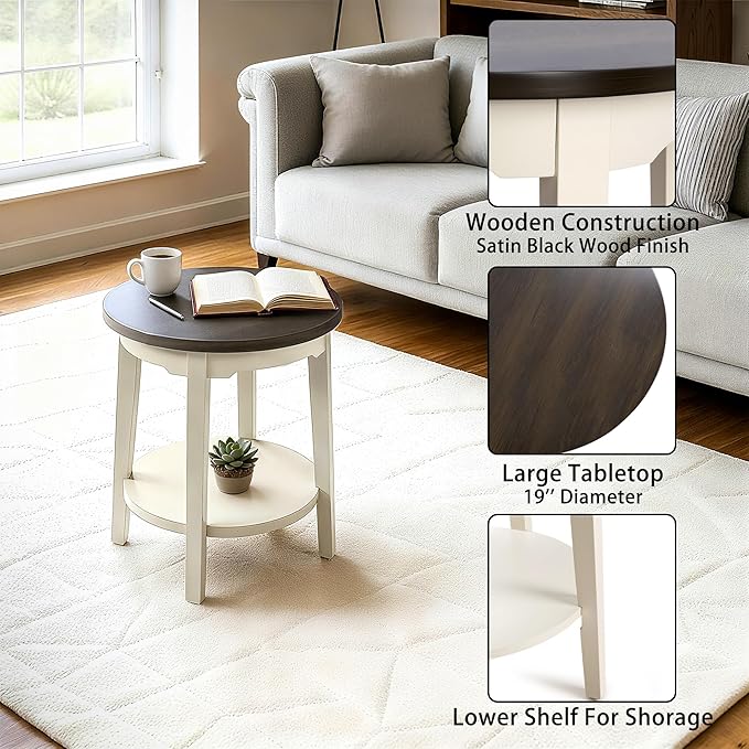 19" Round Side Table, Modern 2-Tier Shelf End Table, Small Accent Table for Living Room, Bedroom, Office, Brown and Gray
