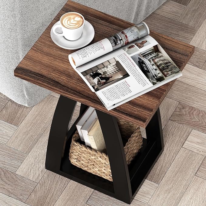 End Tables Living Room. Side Table Beside Sofa. Modern End Table for Living Room. Couch Side Table with Shelf. Black-Brown Wood Side Tables