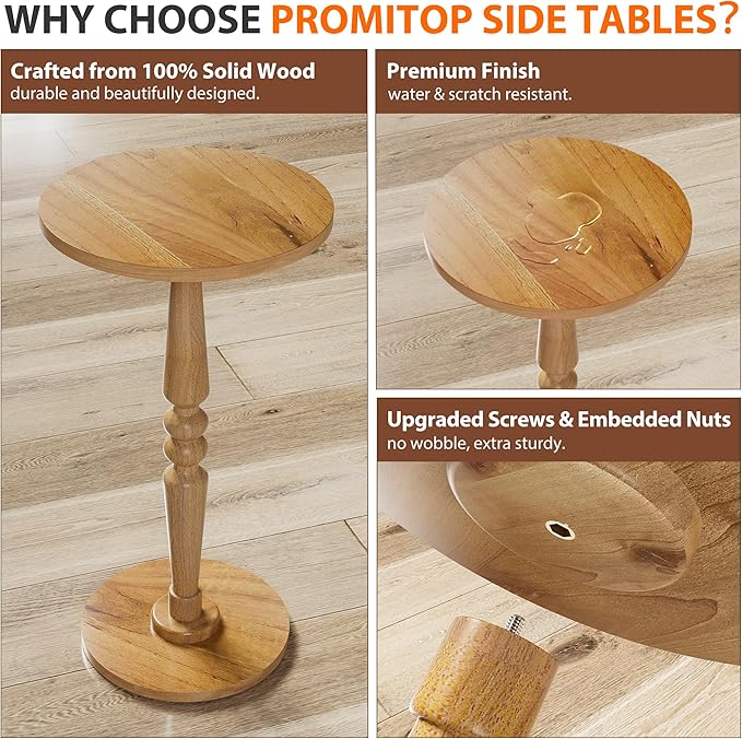 Round Side Table for Livingroom, Bedroom - Small Modern Accent End Table with Solid Wood Top and Pedestal Leg - Compact Drink Table for Corners, Small Spaces, and Office