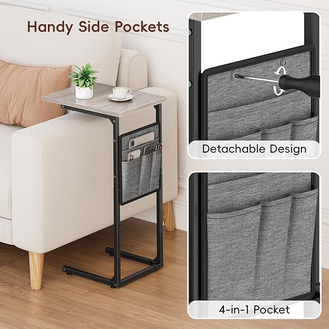 Vagusicc C Shaped End Table, Small Side Table for Couch, Couch Side Table C Table for Small Space, TV Tray Slide Under Sofa Snack Table with Metal Frame for Living Room, Bedroom, Bedside, Grey